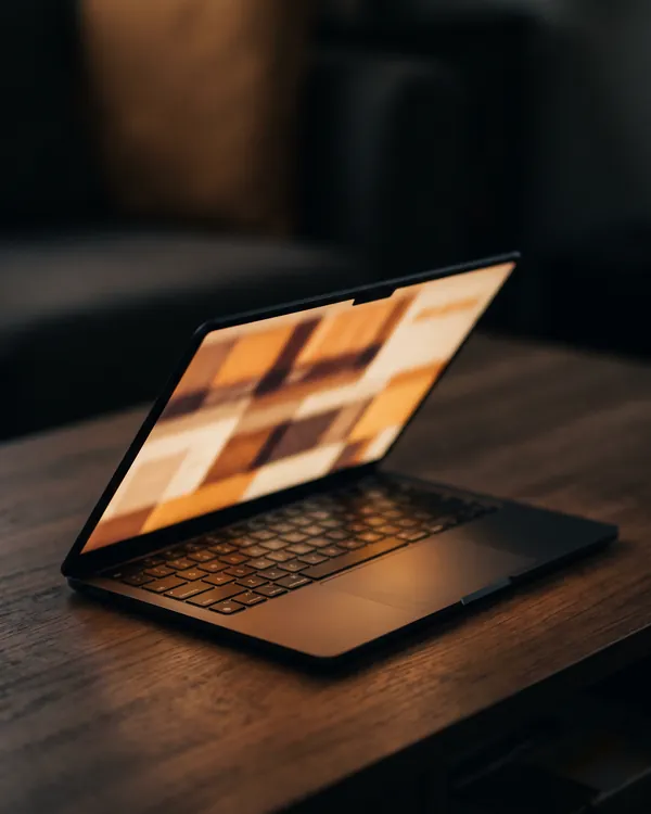 Nyitott laptop sötét asztalon, a képernyő meleg fénye elmosódott weboldalszerkezetet mutat.